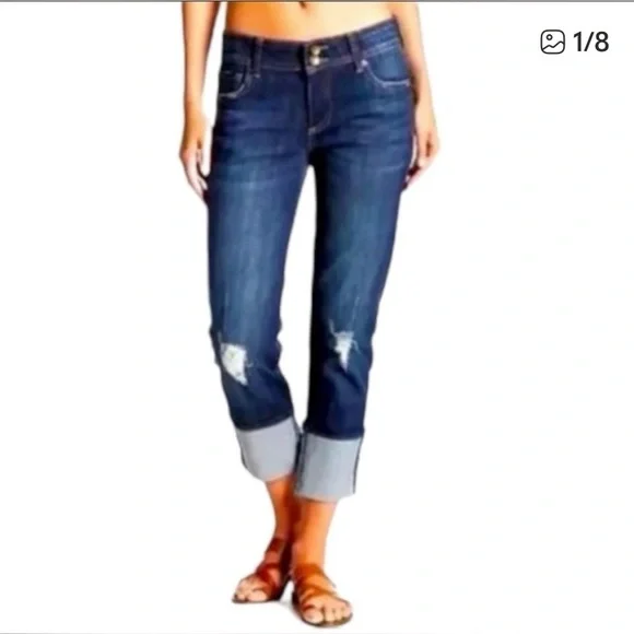 Kut from the Kloth Rolled Cameron Distressed Boyfriend Jeans - 6 blue , cotton - Picture 1 of 6